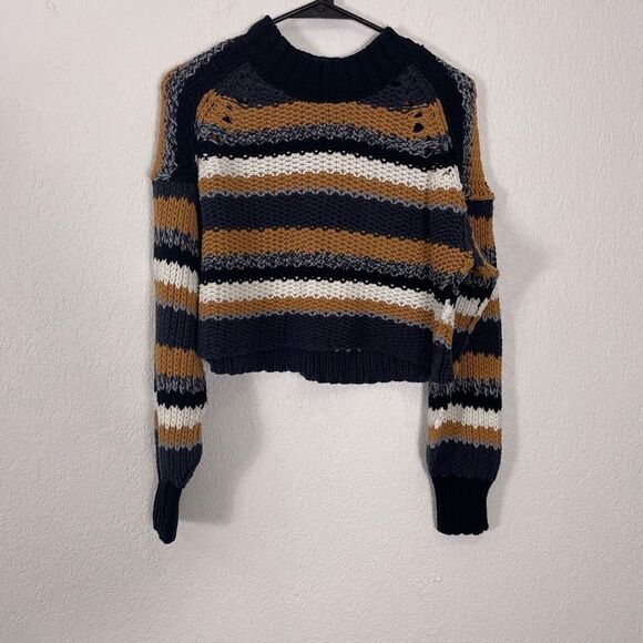 Free People Black, White, Grey & Tan Striped Knit Semi-Cropped Sweater - Picture 1 of 6